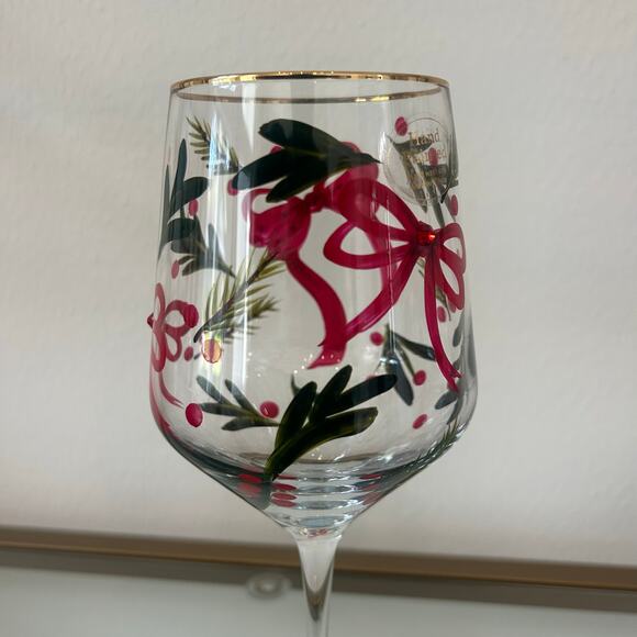 Hand Painted & Jeweled Wine Glass Set of 2  Coquette Christmas Red Bows & Holly - Picture 8 of 10